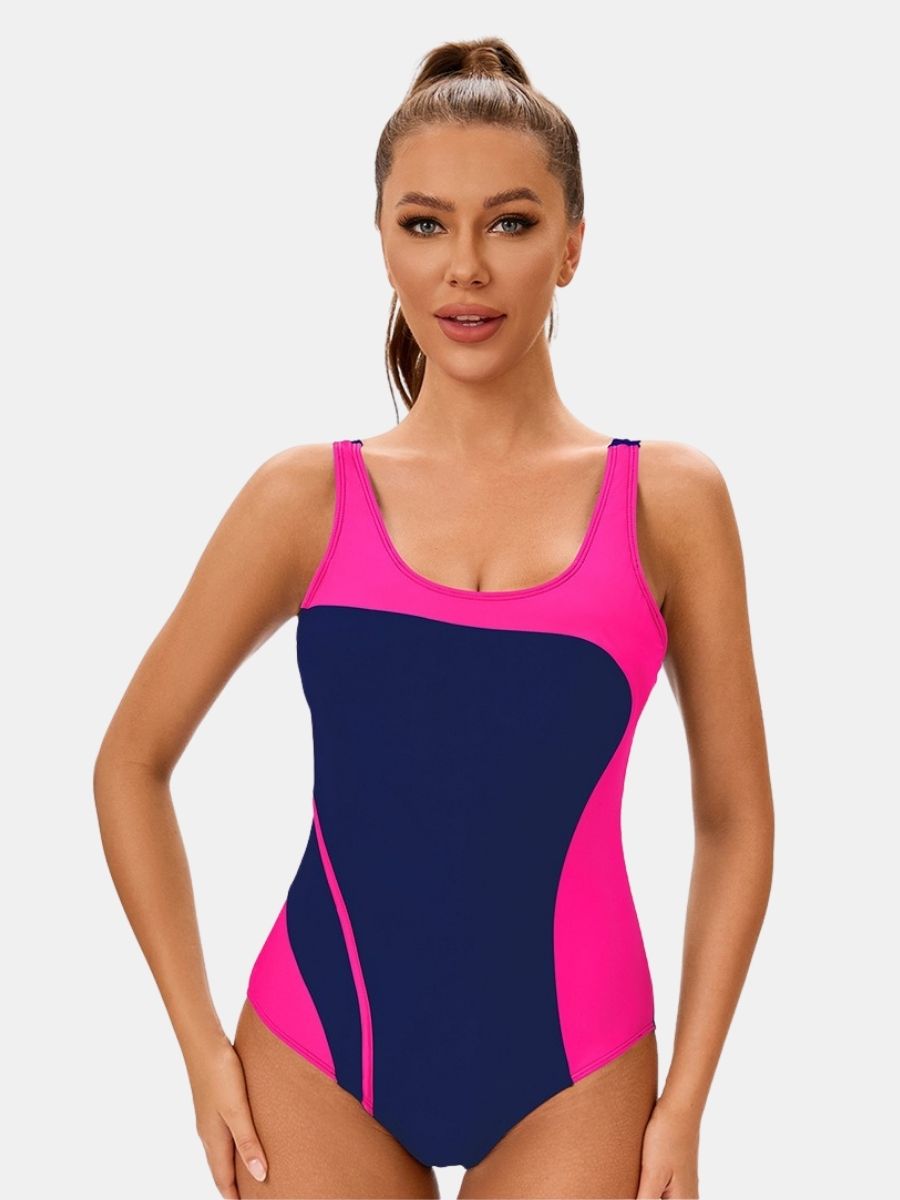 Colorblock Backless Athletic Women One-piece Sports Swimsuit