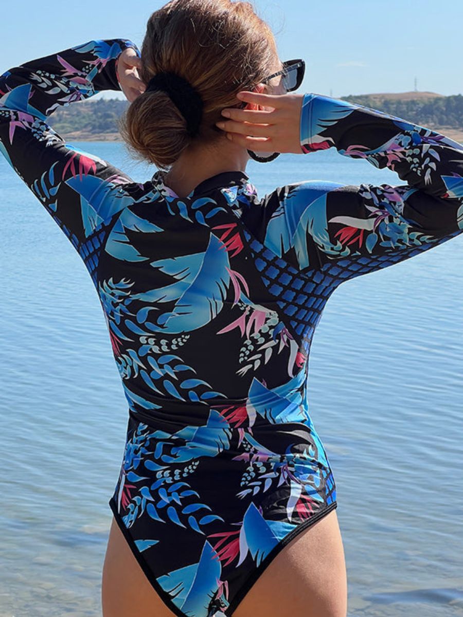 Leaf Printed Long Sleeve Half Zip UPF50+ Rash Guard