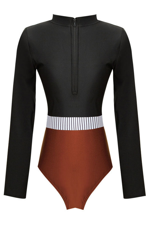 Colorblock Striped Zip Long Sleeve UPF50+ Rash Guard