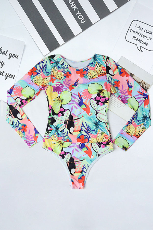 Tropical and Bird Print Backless UPF50+ Rash Guard
