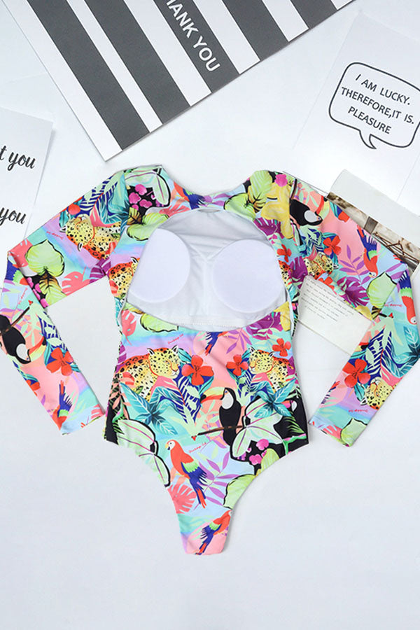 Tropical and Bird Print Backless UPF50+ Rash Guard