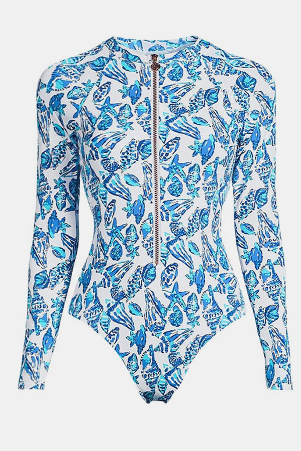Marine Life Print Long Sleeve Zip-Up One-Piece Swimsuit UPF50+ Rash Guard