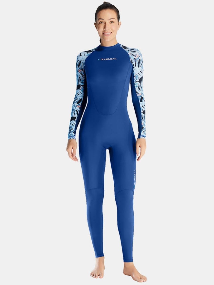 Floral Print Blue One-piece Long Sleeve Back Zip Women's Diveskin Full Wetsuit