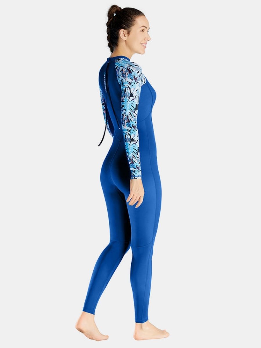 Floral Print Blue One-piece Long Sleeve Back Zip Women's Diveskin Full Wetsuit