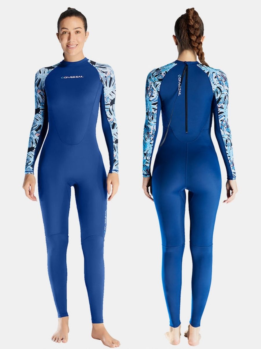 Floral Print Blue One-piece Long Sleeve Back Zip Women's Diveskin Full Wetsuit