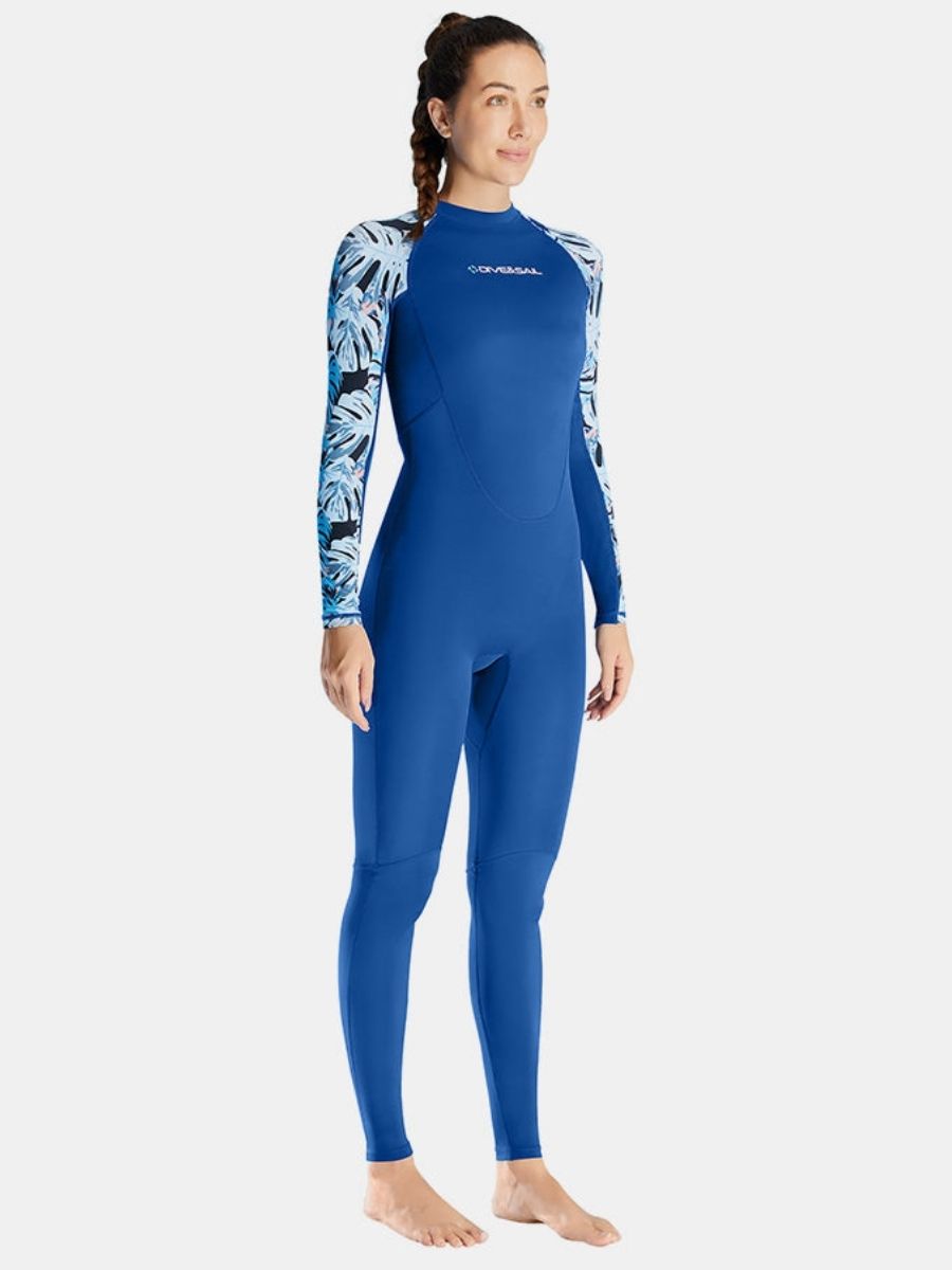 Floral Print Blue One-piece Long Sleeve Back Zip Women's Diveskin Full Wetsuit