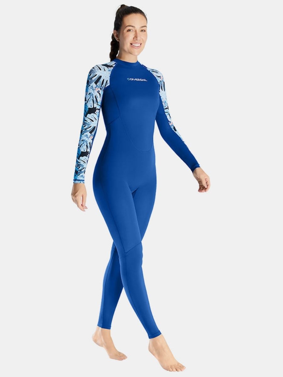 Floral Print Blue One-piece Long Sleeve Back Zip Women's Diveskin Full Wetsuit