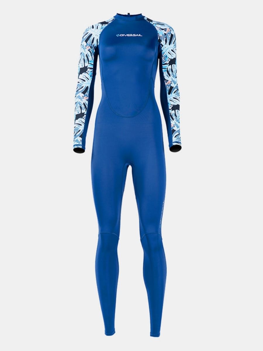 Floral Print Blue One-piece Long Sleeve Back Zip Women's Diveskin Full Wetsuit