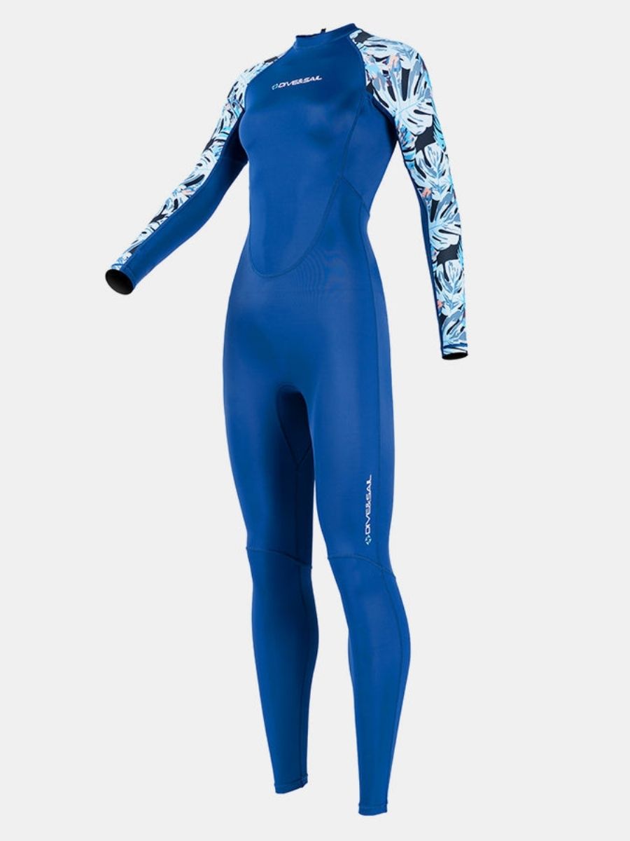 Floral Print Blue One-piece Long Sleeve Back Zip Women's Diveskin Full Wetsuit