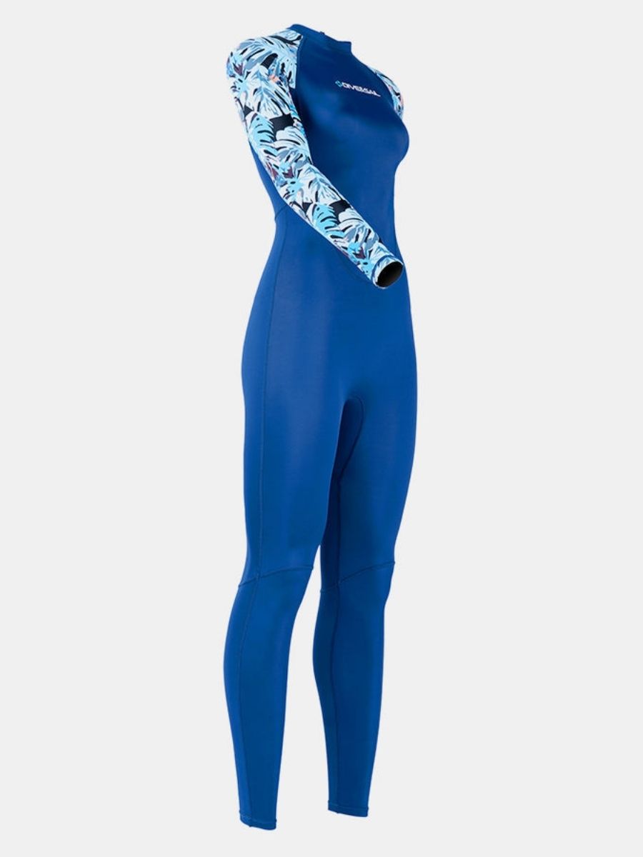 Floral Print Blue One-piece Long Sleeve Back Zip Women's Diveskin Full Wetsuit