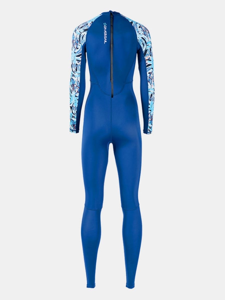 Floral Print Blue One-piece Long Sleeve Back Zip Women's Diveskin Full Wetsuit