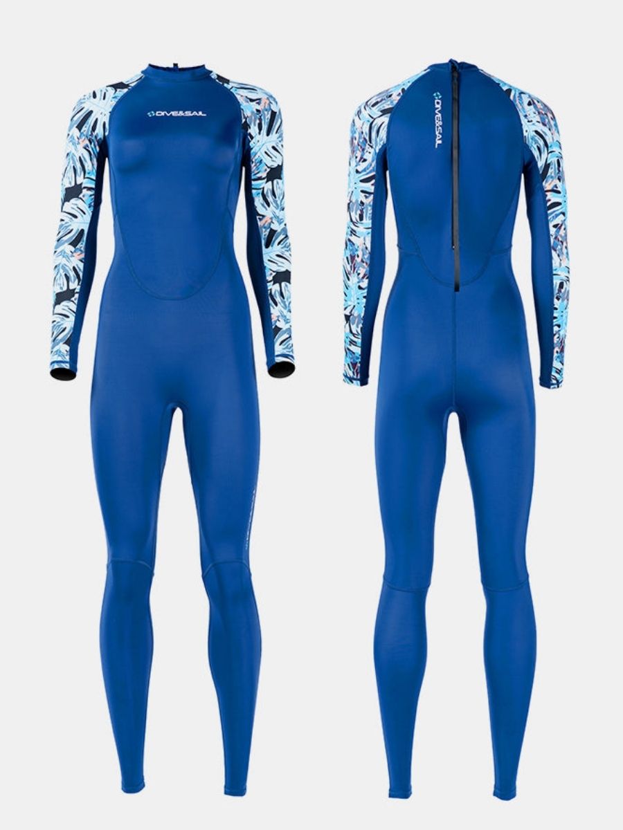 Floral Print Blue One-piece Long Sleeve Back Zip Women's Diveskin Full Wetsuit