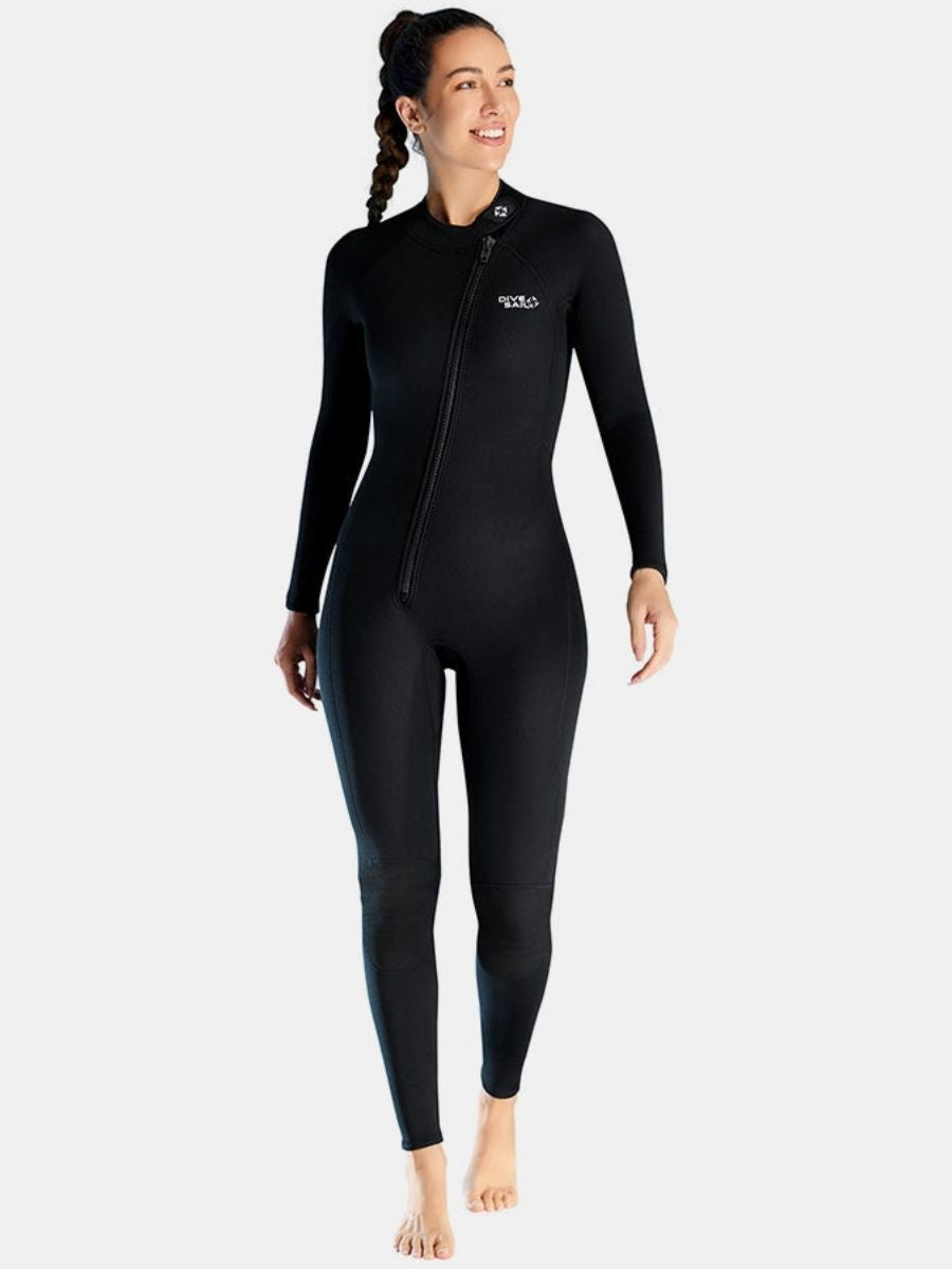3mm Women's Long Sleeve Oblique Front Zipper One-Piece Black Full Wetsuit for Sun Protection