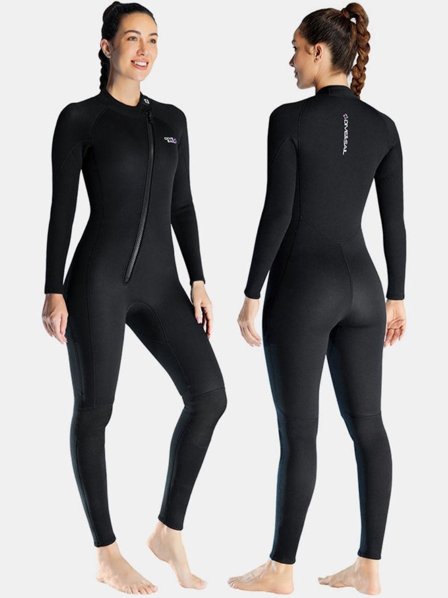 3mm Women's Long Sleeve Oblique Front Zipper One-Piece Black Full Wetsuit for Sun Protection
