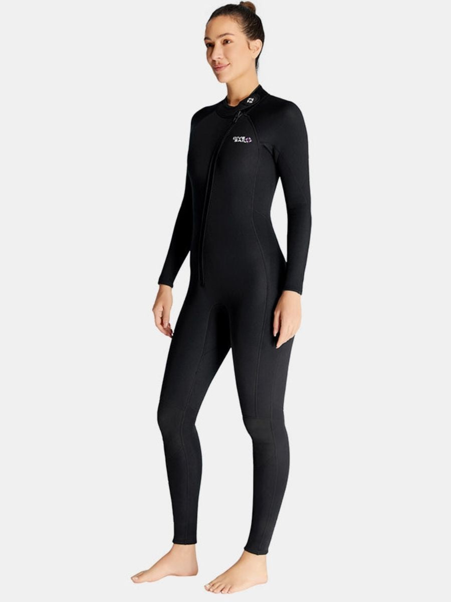 3mm Women's Long Sleeve Oblique Front Zipper One-Piece Black Full Wetsuit for Sun Protection