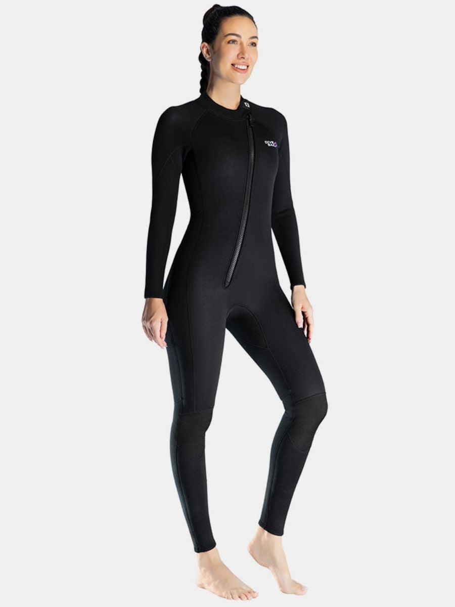 3mm Women's Long Sleeve Oblique Front Zipper One-Piece Black Full Wetsuit for Sun Protection