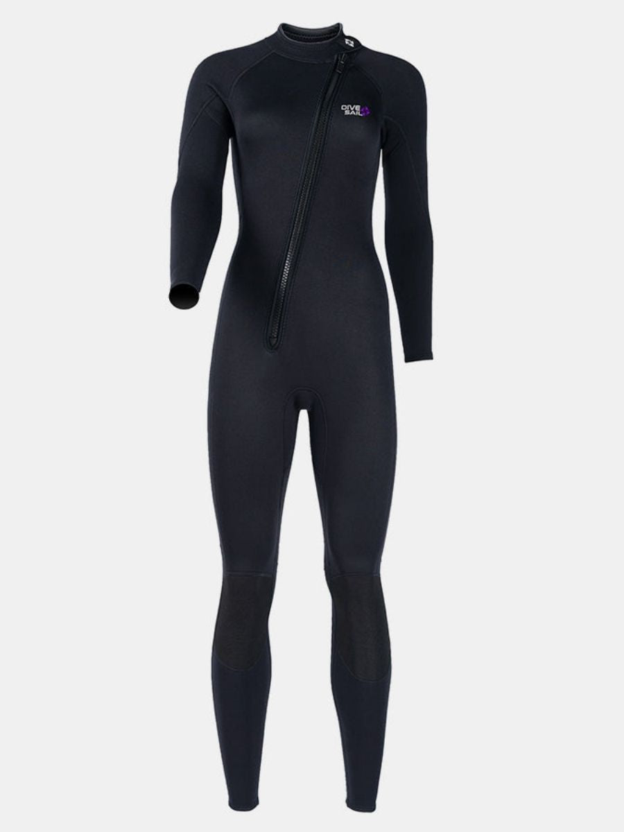 3mm Women's Long Sleeve Oblique Front Zipper One-Piece Black Full Wetsuit for Sun Protection