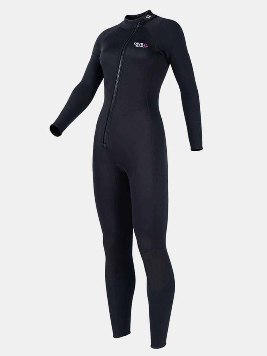 3mm Women's Long Sleeve Oblique Front Zipper One-Piece Black Full Wetsuit for Sun Protection