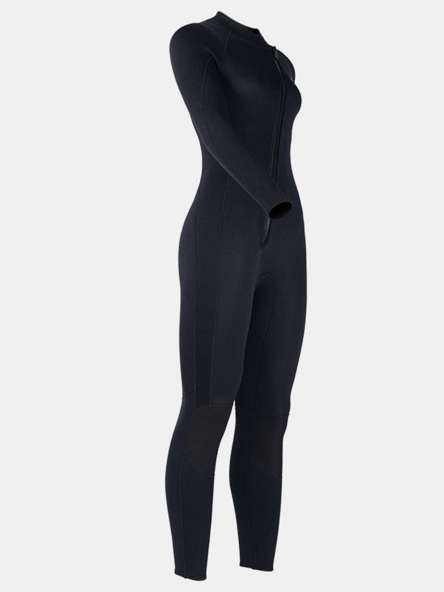 3mm Women's Long Sleeve Oblique Front Zipper One-Piece Black Full Wetsuit for Sun Protection