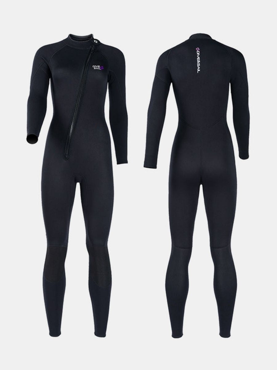 3mm Women's Long Sleeve Oblique Front Zipper One-Piece Black Full Wetsuit for Sun Protection