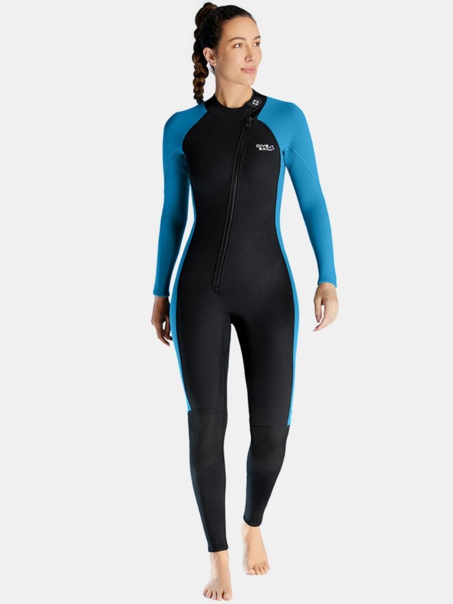 3mm Women's Long Sleeve Oblique Front Zipper One-Piece Blue Full Wetsuit for Sun Protection