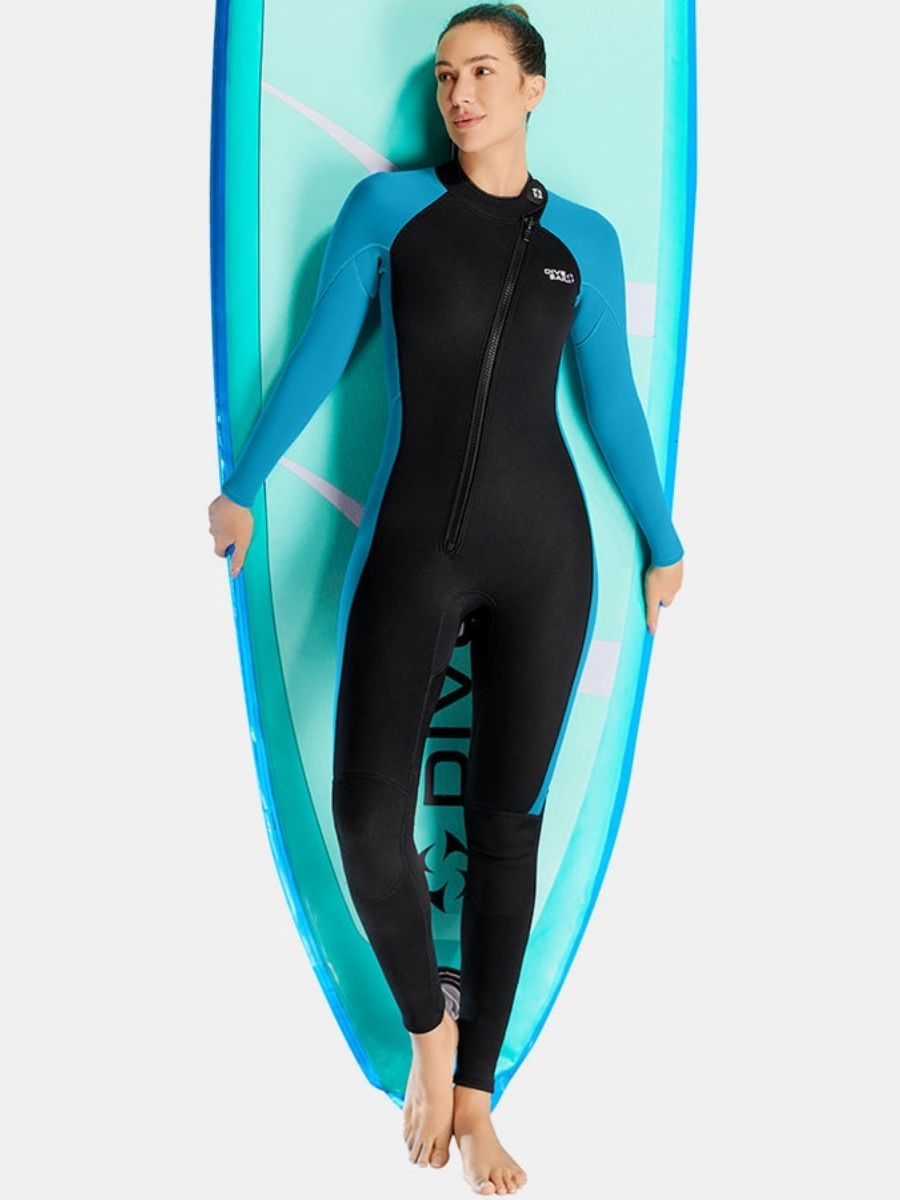 3mm Women's Long Sleeve Oblique Front Zipper One-Piece Blue Full Wetsuit for Sun Protection