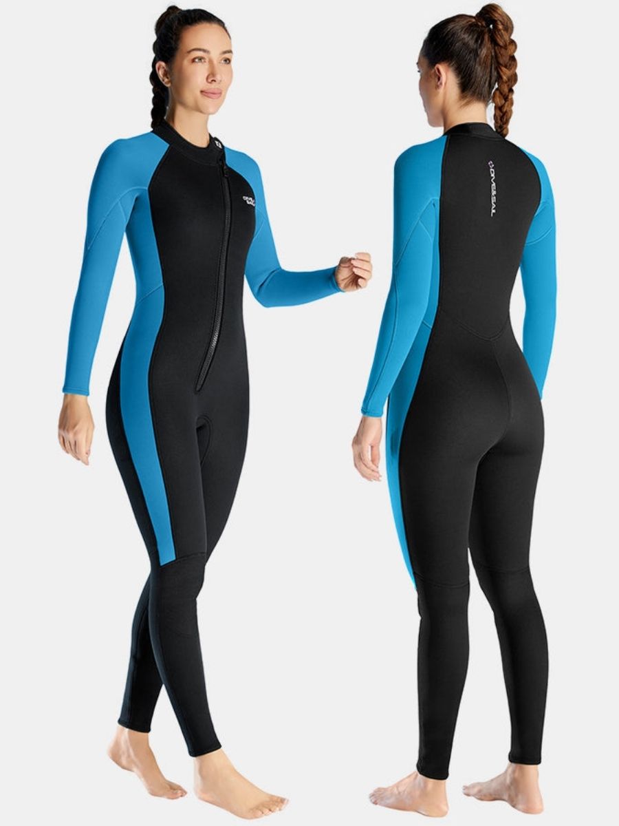 3mm Women's Long Sleeve Oblique Front Zipper One-Piece Blue Full Wetsuit for Sun Protection