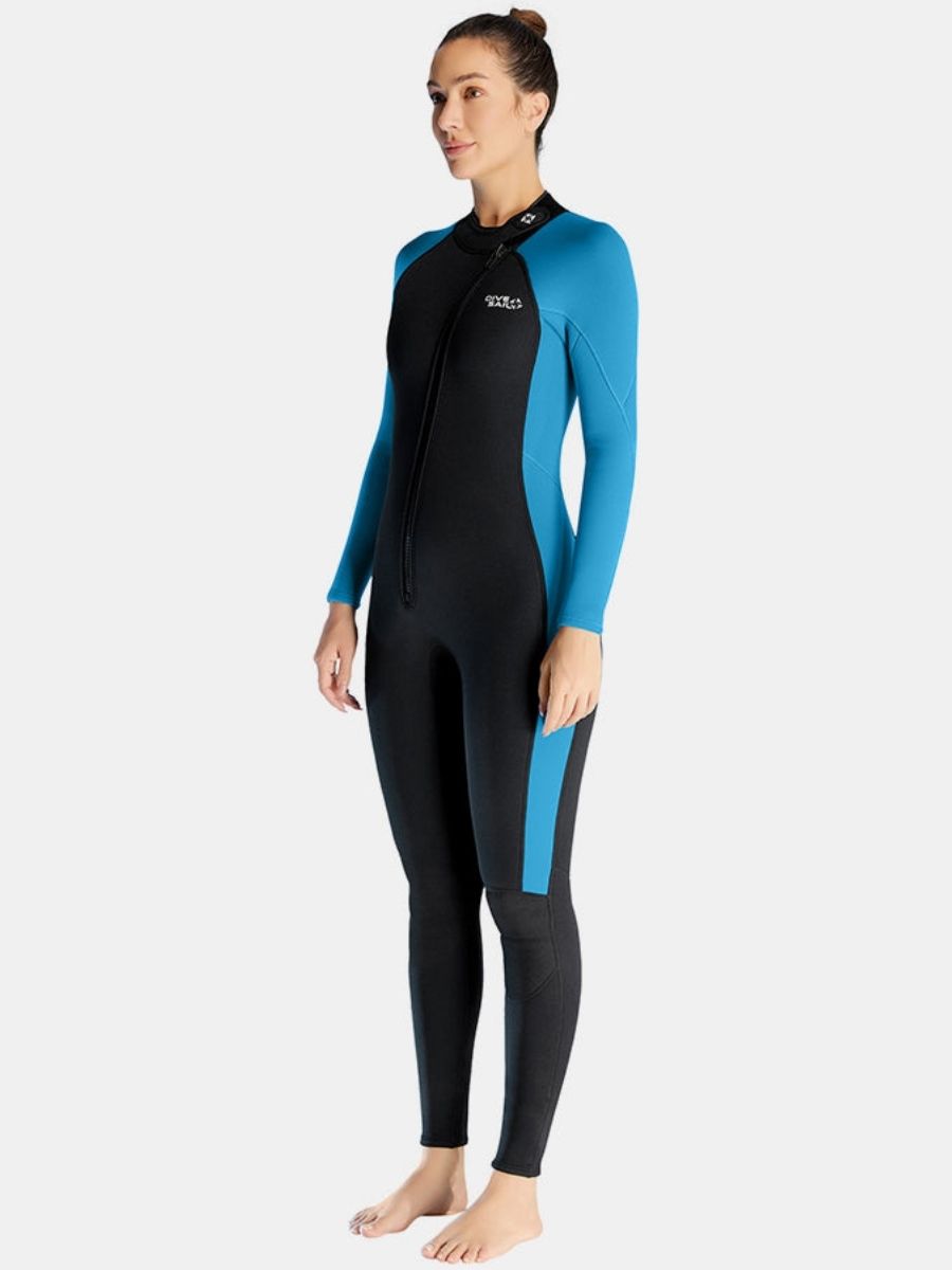 3mm Women's Long Sleeve Oblique Front Zipper One-Piece Blue Full Wetsuit for Sun Protection