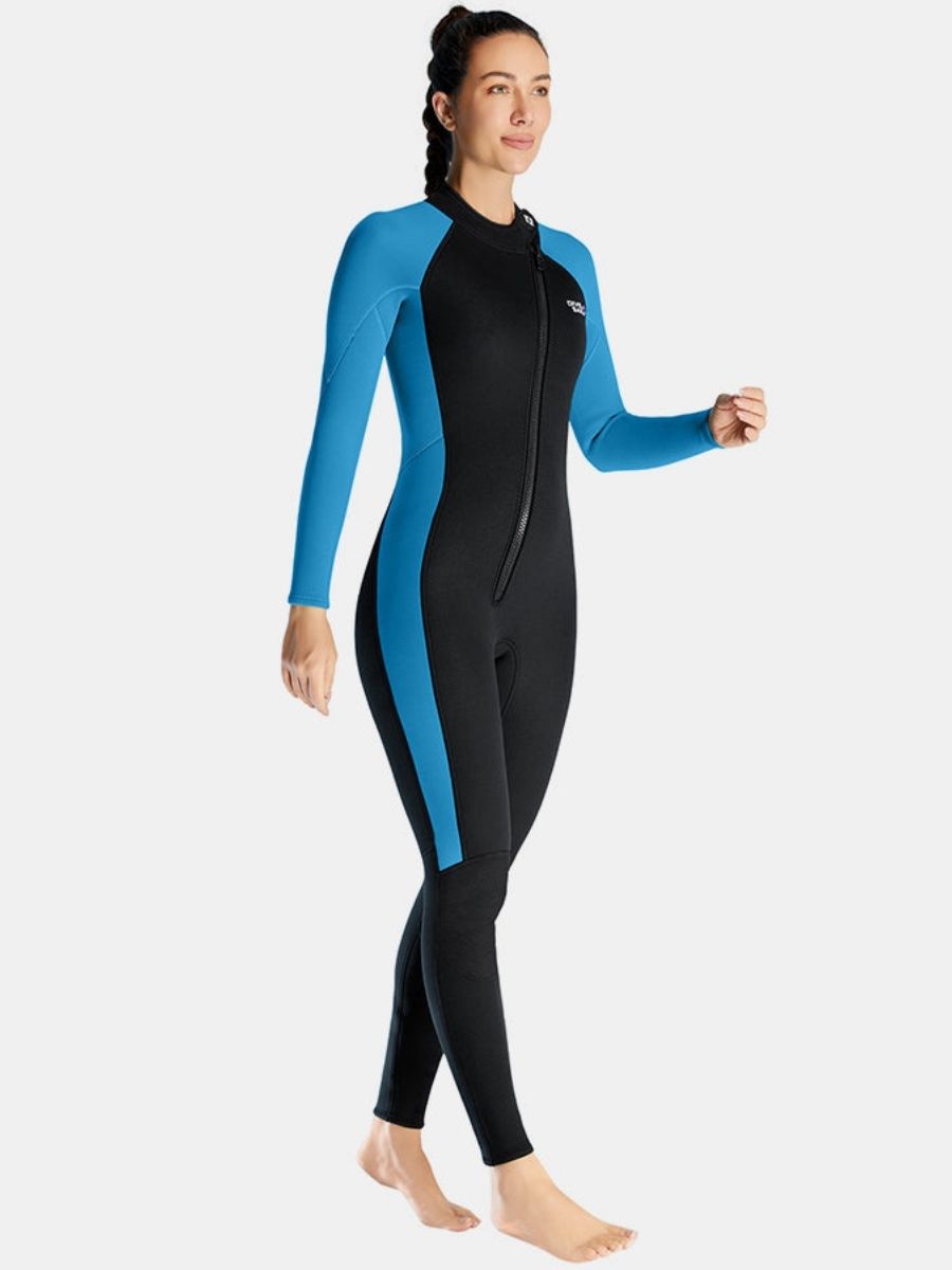3mm Women's Long Sleeve Oblique Front Zipper One-Piece Blue Full Wetsuit for Sun Protection