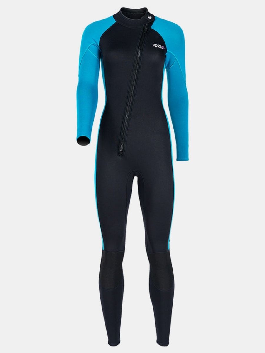 3mm Women's Long Sleeve Oblique Front Zipper One-Piece Blue Full Wetsuit for Sun Protection