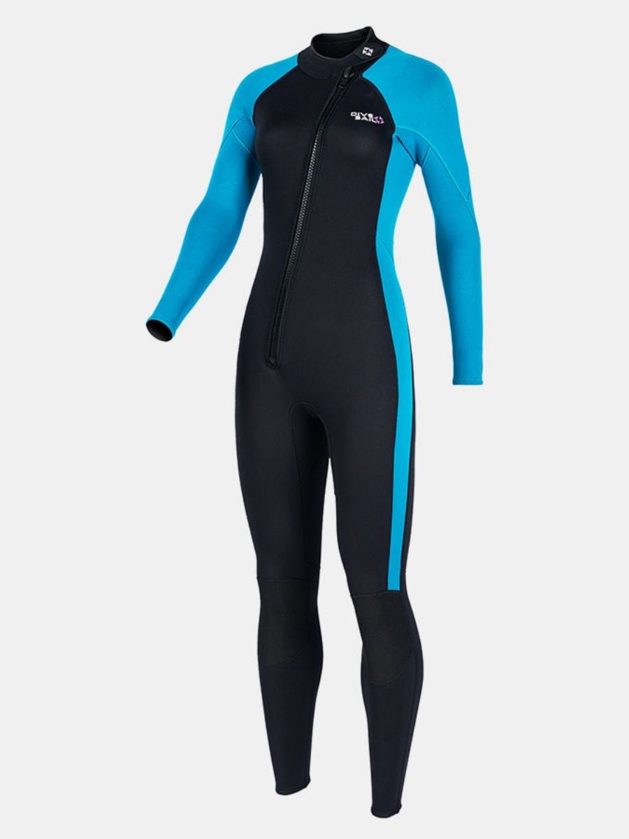 3mm Women's Long Sleeve Oblique Front Zipper One-Piece Blue Full Wetsuit for Sun Protection