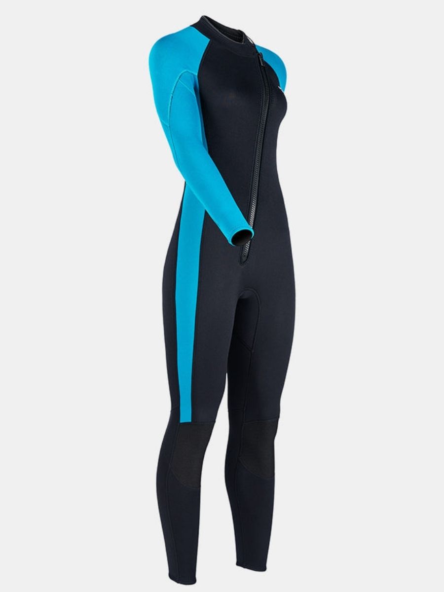 3mm Women's Long Sleeve Oblique Front Zipper One-Piece Blue Full Wetsuit for Sun Protection