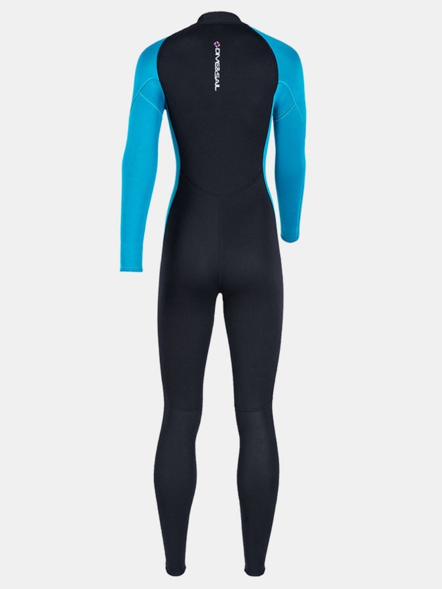 3mm Women's Long Sleeve Oblique Front Zipper One-Piece Blue Full Wetsuit for Sun Protection