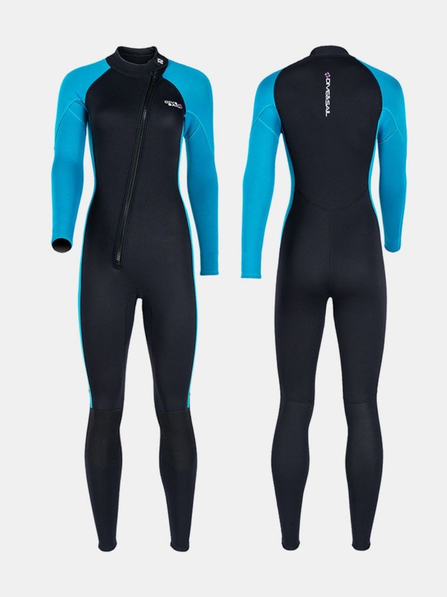 3mm Women's Long Sleeve Oblique Front Zipper One-Piece Blue Full Wetsuit for Sun Protection