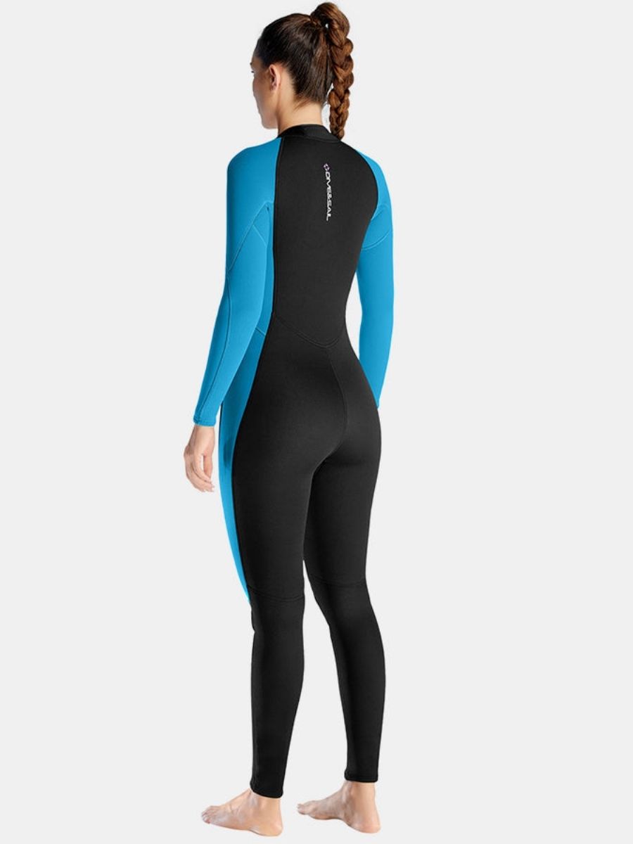 3mm Women's Long Sleeve Oblique Front Zipper One-Piece Blue Full Wetsuit for Sun Protection