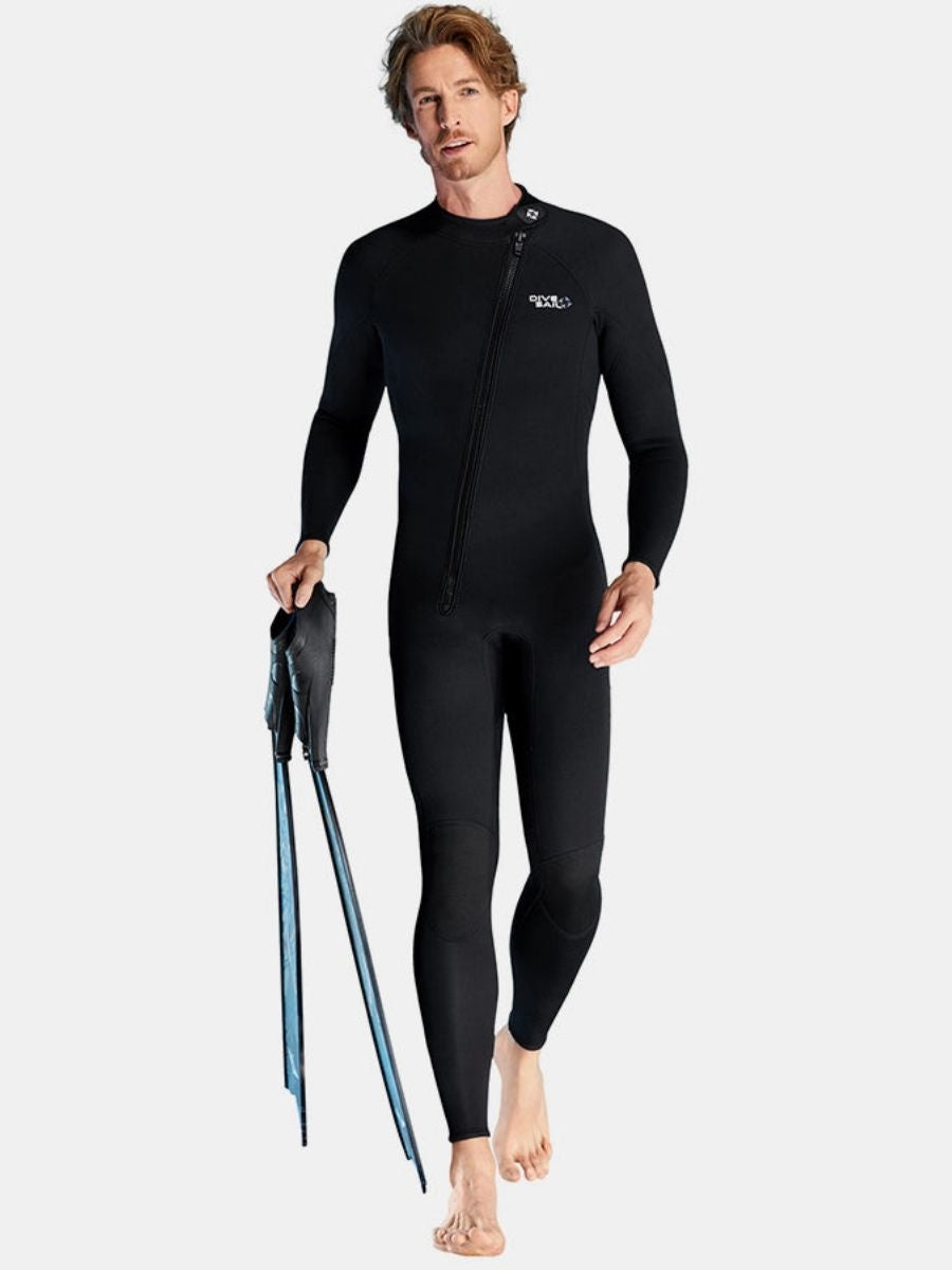 3mm Men's Long Sleeve Oblique Front Zipper One-Piece Black Full Wetsuit for Sun Protection