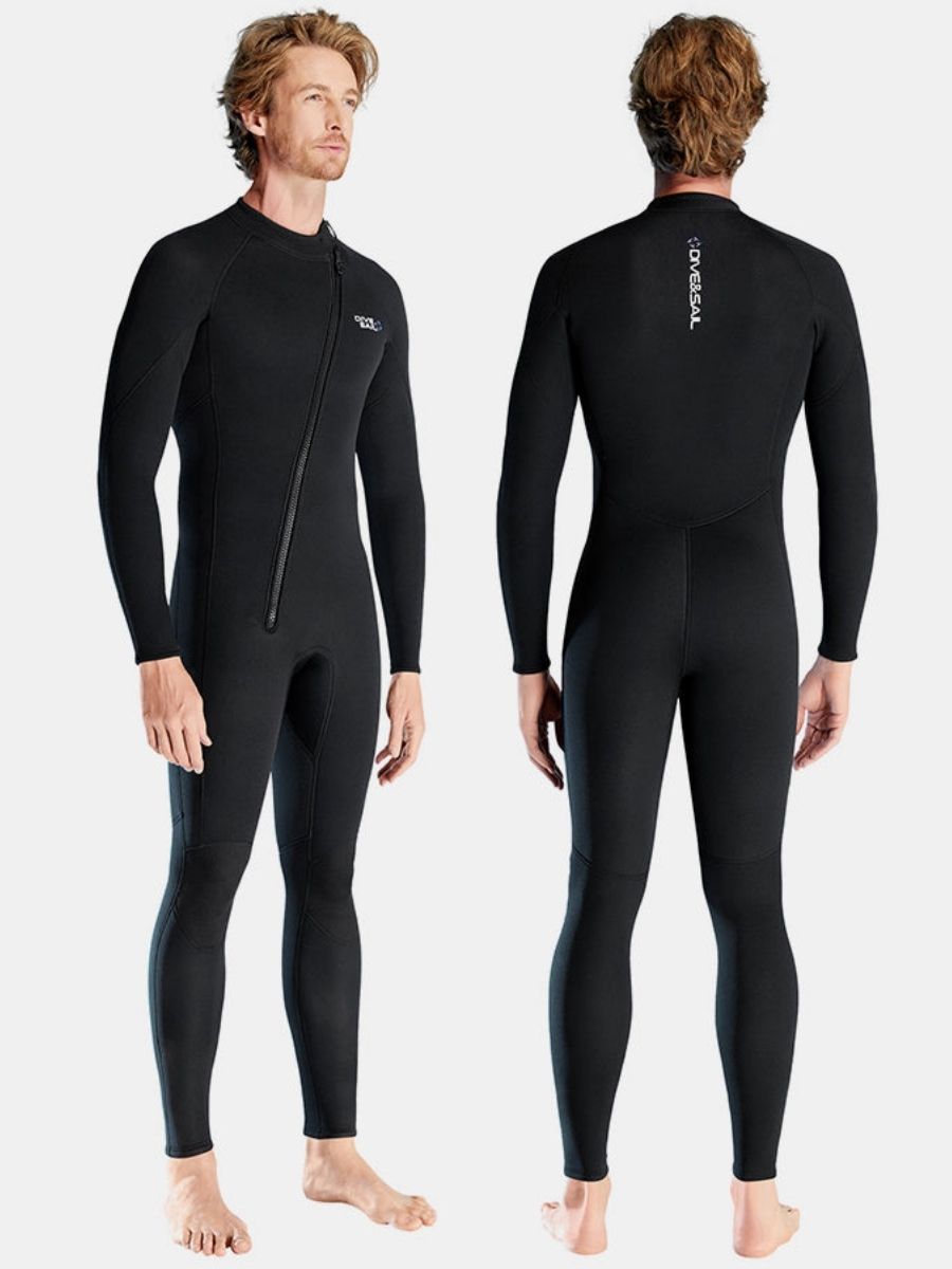 3mm Men's Long Sleeve Oblique Front Zipper One-Piece Black Full Wetsuit for Sun Protection