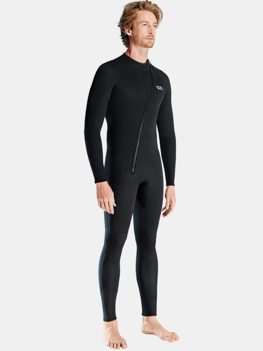 3mm Men's Long Sleeve Oblique Front Zipper One-Piece Black Full Wetsuit for Sun Protection