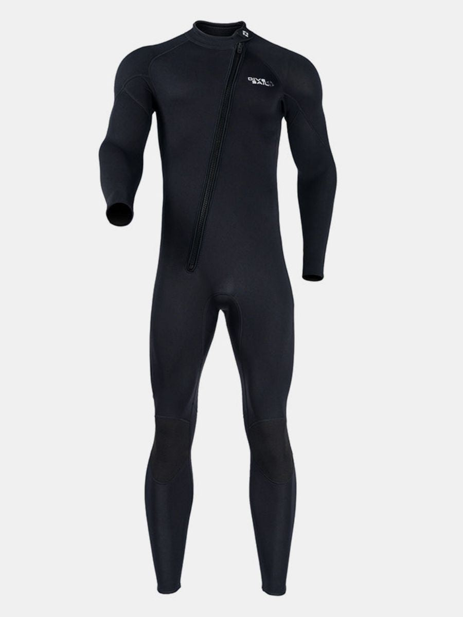 3mm Men's Long Sleeve Oblique Front Zipper One-Piece Black Full Wetsuit for Sun Protection
