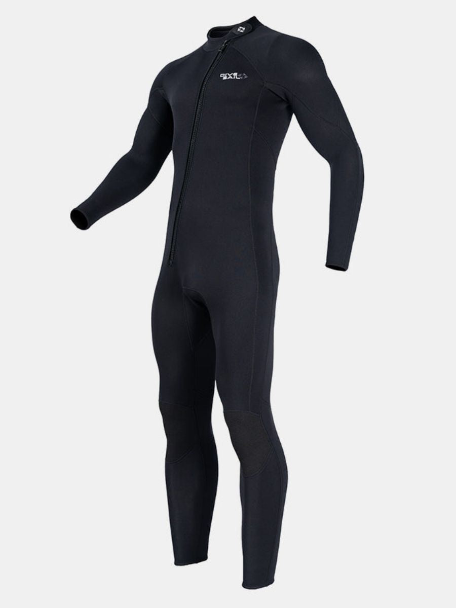3mm Men's Long Sleeve Oblique Front Zipper One-Piece Black Full Wetsuit for Sun Protection