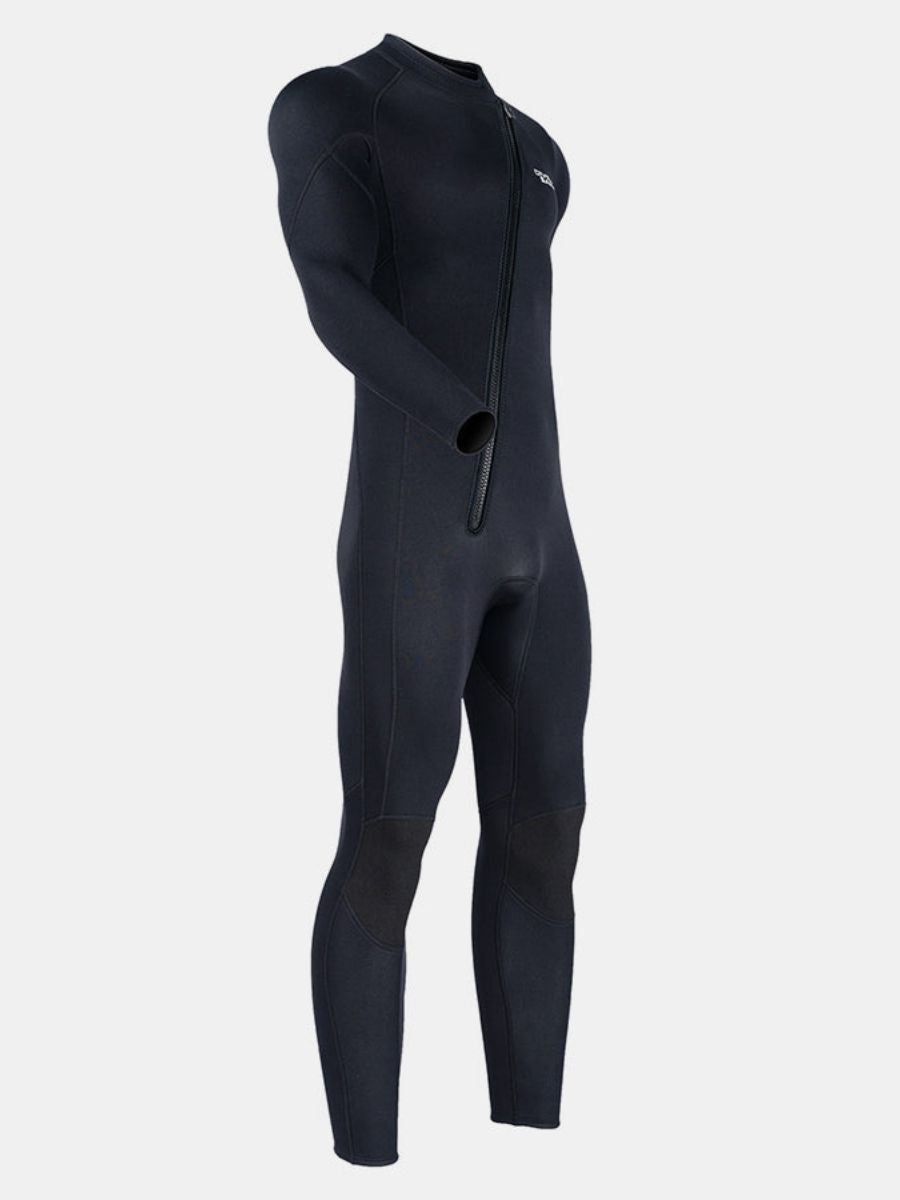 3mm Men's Long Sleeve Oblique Front Zipper One-Piece Black Full Wetsuit for Sun Protection