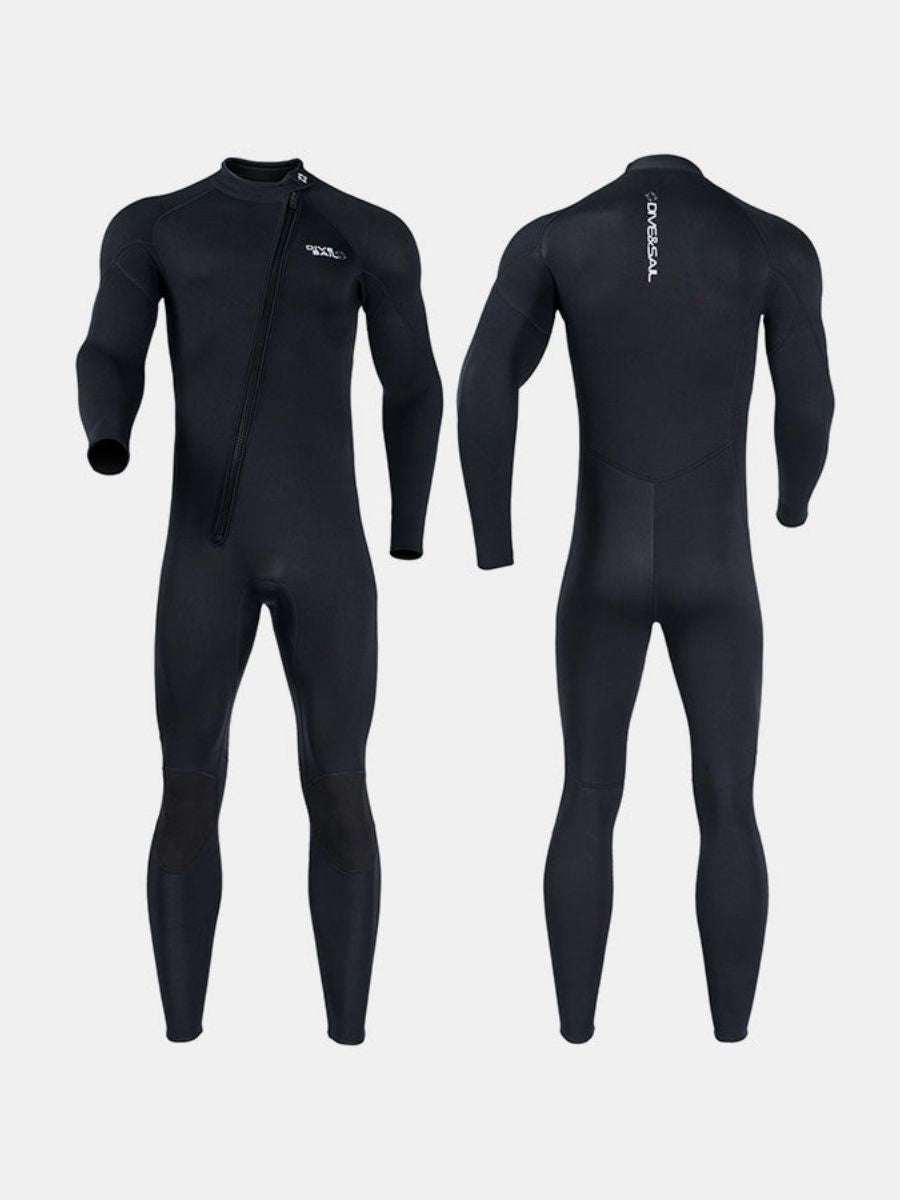 3mm Men's Long Sleeve Oblique Front Zipper One-Piece Black Full Wetsuit for Sun Protection