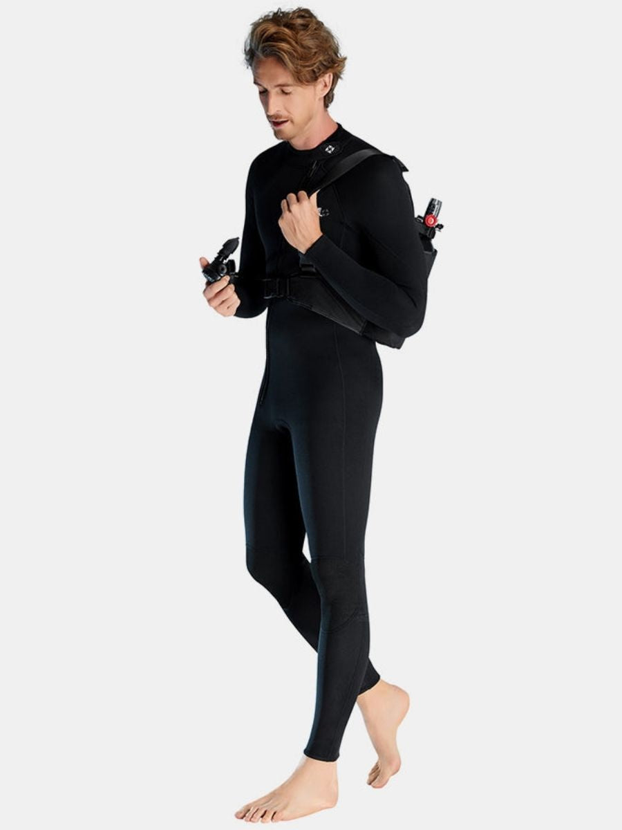 3mm Men's Long Sleeve Oblique Front Zipper One-Piece Black Full Wetsuit for Sun Protection
