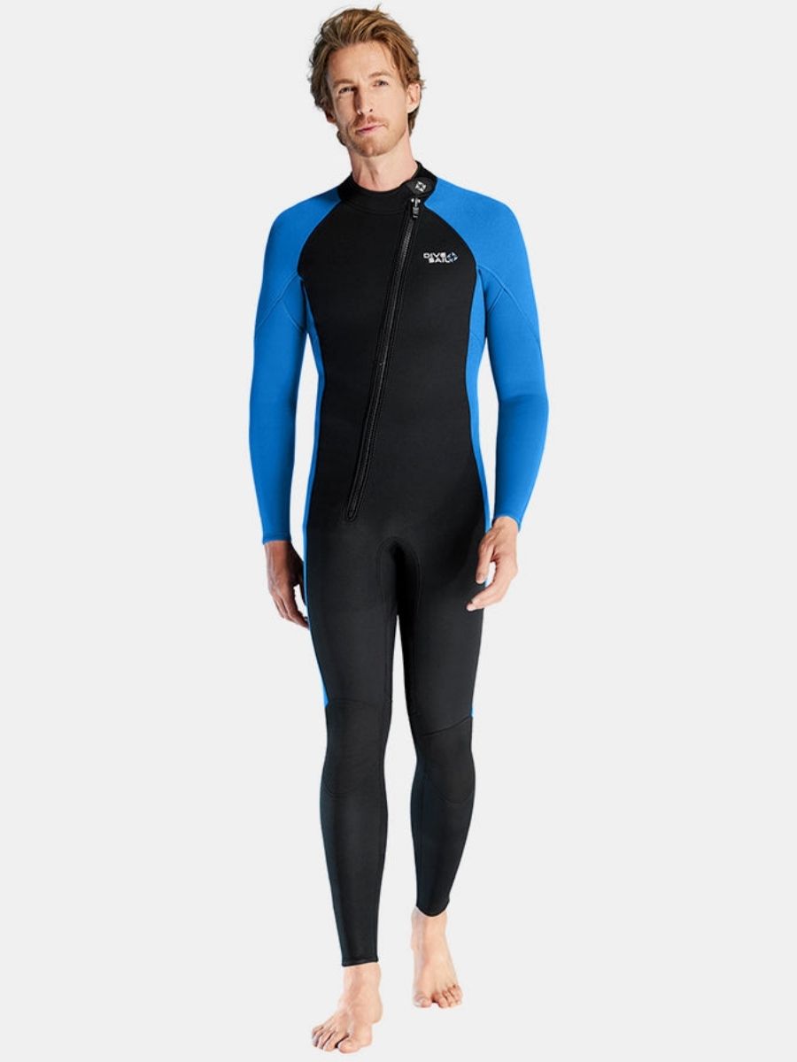 3mm Men's Oblique Front Zipper Long Sleeve One-Piece Blue Full Wetsuit for Sun Protection