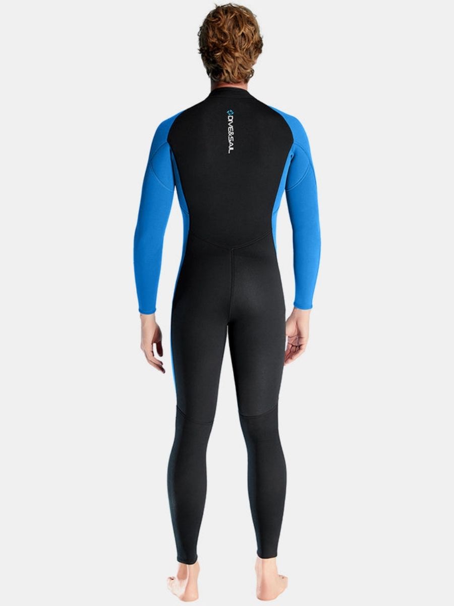 3mm Men's Oblique Front Zipper Long Sleeve One-Piece Blue Full Wetsuit for Sun Protection