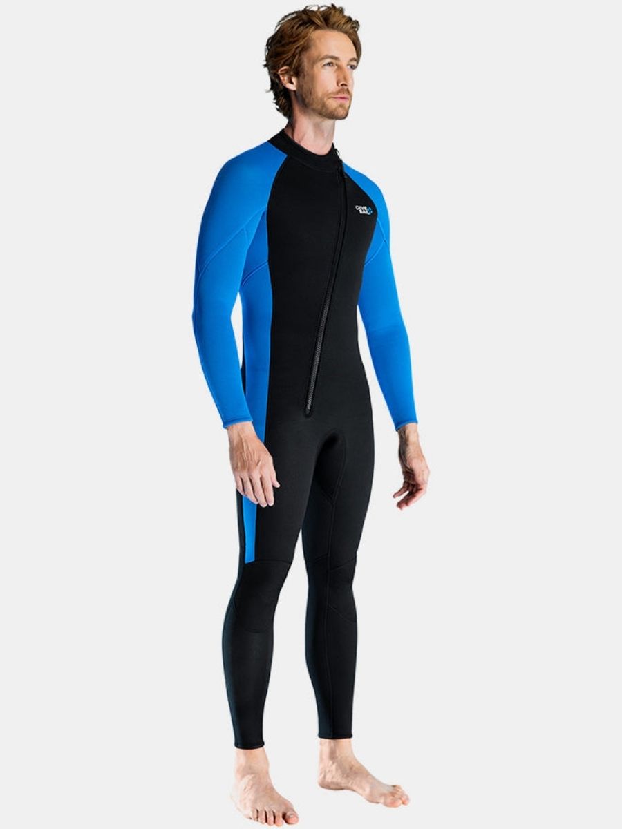 3mm Men's Oblique Front Zipper Long Sleeve One-Piece Blue Full Wetsuit for Sun Protection