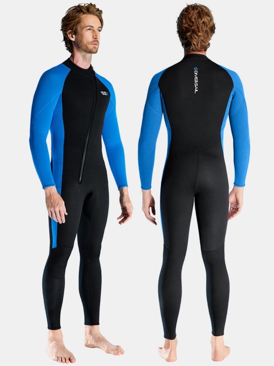 3mm Men's Oblique Front Zipper Long Sleeve One-Piece Blue Full Wetsuit for Sun Protection