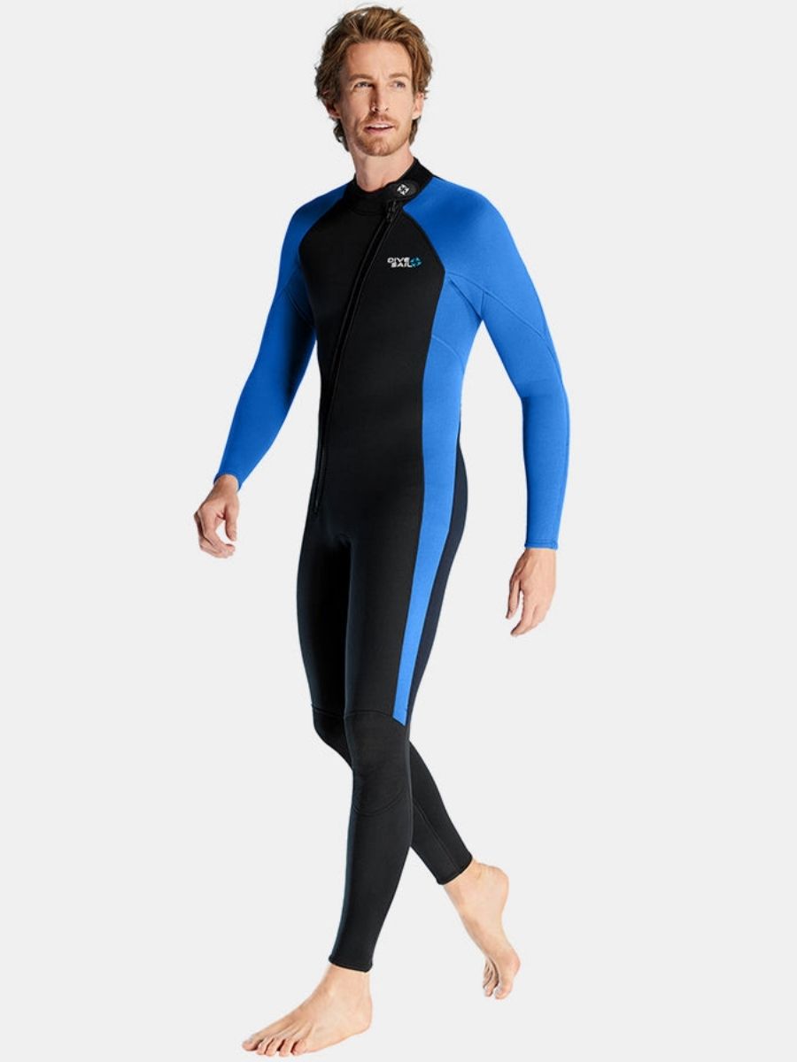 3mm Men's Oblique Front Zipper Long Sleeve One-Piece Blue Full Wetsuit for Sun Protection