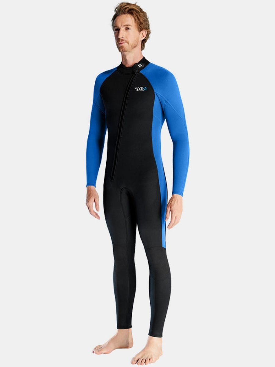3mm Men's Oblique Front Zipper Long Sleeve One-Piece Blue Full Wetsuit for Sun Protection