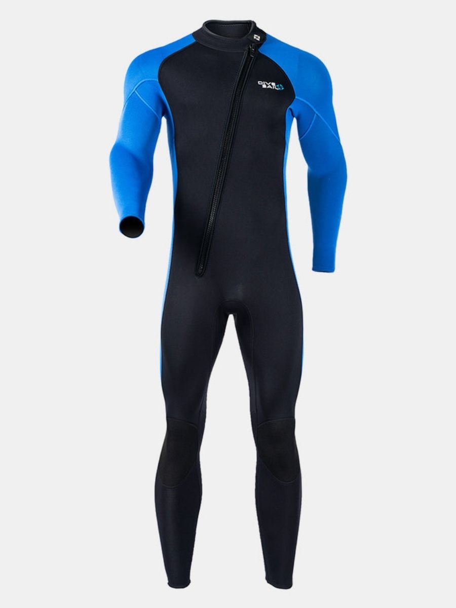 3mm Men's Oblique Front Zipper Long Sleeve One-Piece Blue Full Wetsuit for Sun Protection
